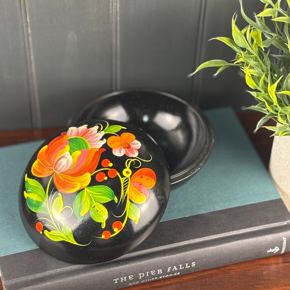 Vintage Khokhloma Trinket Box Hand Painted Folk Art Floral Wood Jewelry Box